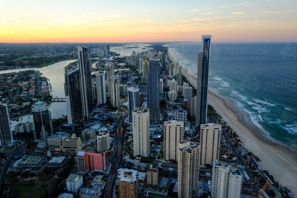 Aerial view of the Gold Coast looking north towards Surfers Paradise at dusk - Australian Stock Image