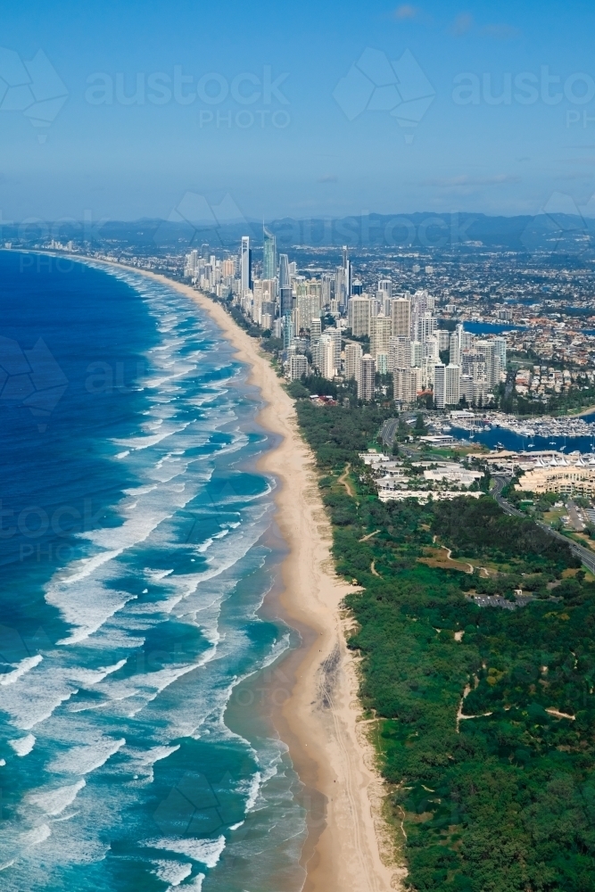 Aerial view of the Gold Coast looking south from The Spit towards Surfers Paradise - Australian Stock Image