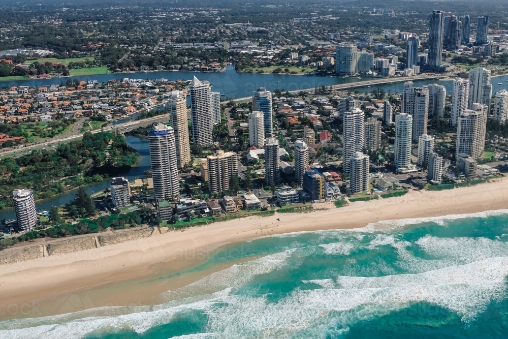 Aerial view of the Gold Coast with Main Beach in the foreground and Southport in the background - Australian Stock Image