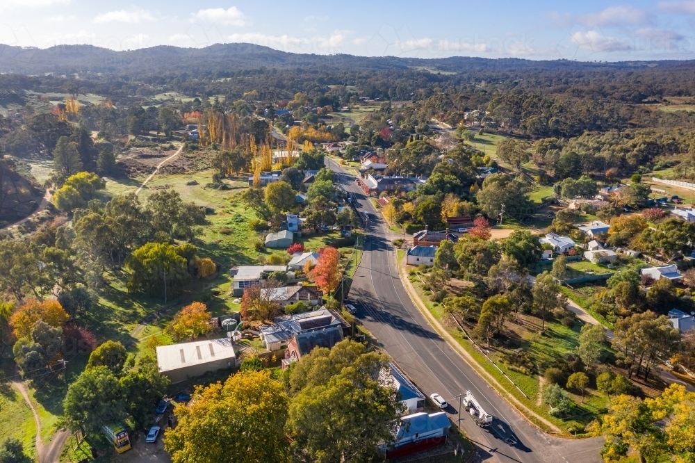 Aerial view of the main street of a country town in Autumn - Australian Stock Image