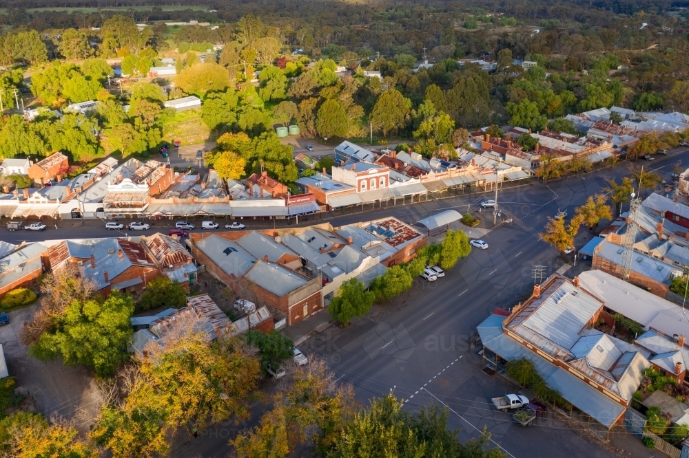 Aerial view of the main street of a country town with historic buildings - Australian Stock Image