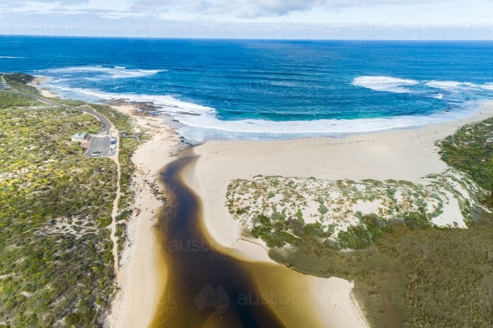 Aerial view of the Margaret River mouth and Indian Ocean. - Australian Stock Image