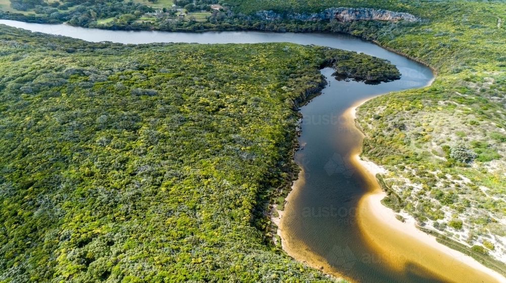 Aerial view of the Margaret River winding through scrub country. - Australian Stock Image