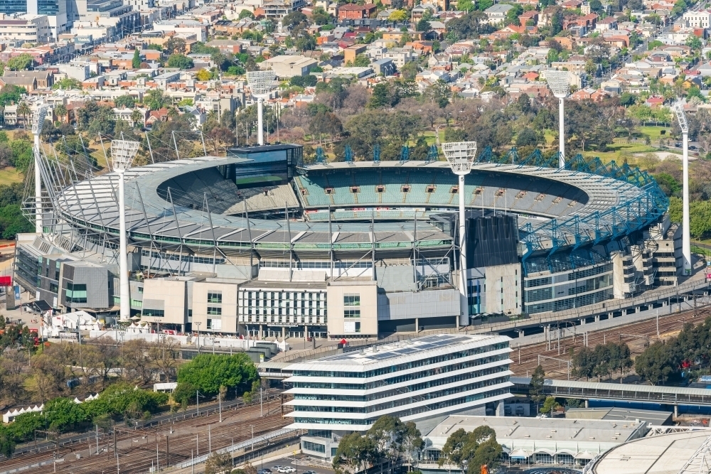 Aerial view of the Melbourne Cricket Ground with Melbourne Park Function Centre in the foreground - Australian Stock Image