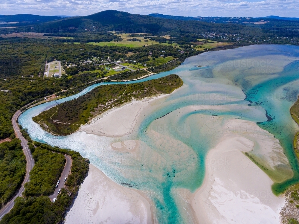 aerial view of the mouth of the Wilson inlet with views back towards Denmark - Australian Stock Image
