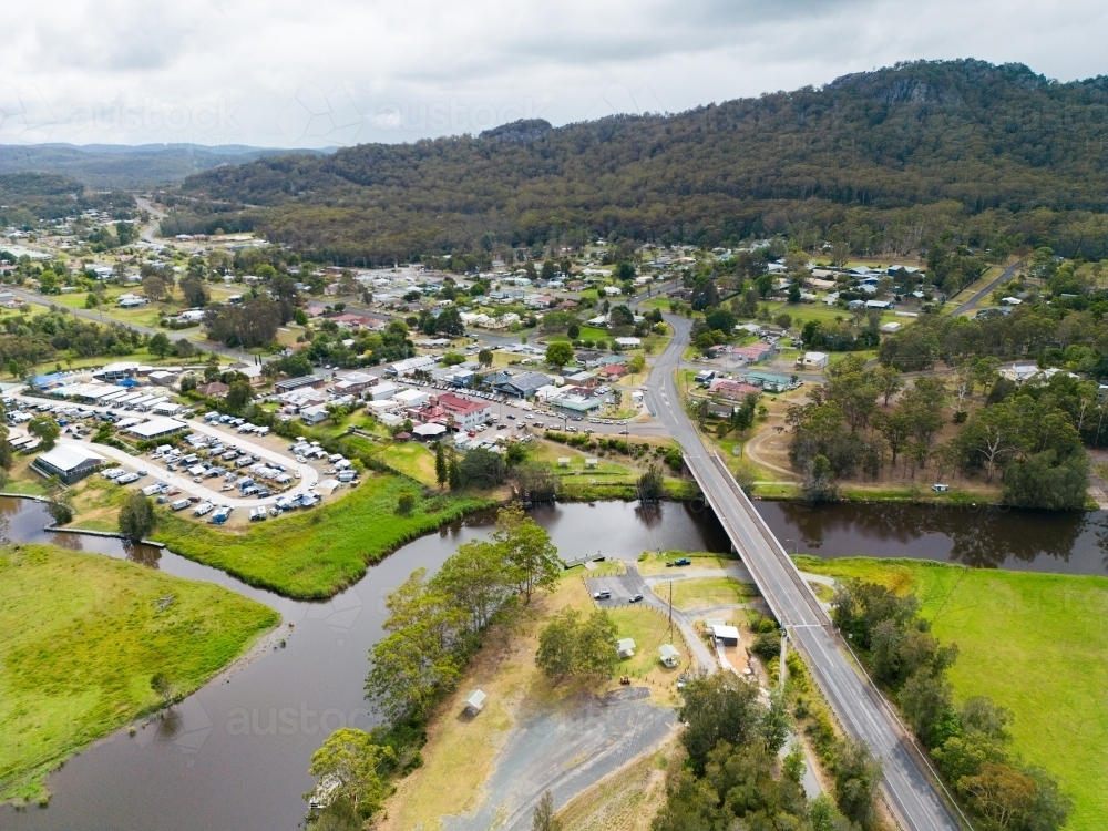 Aerial view of the New South Wales town of Bulahdelah and Myall River - Australian Stock Image