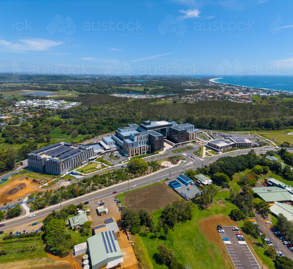 Aerial view of the new Tweed Valley Hospital near Kingscliff in New South Wales - Australian Stock Image