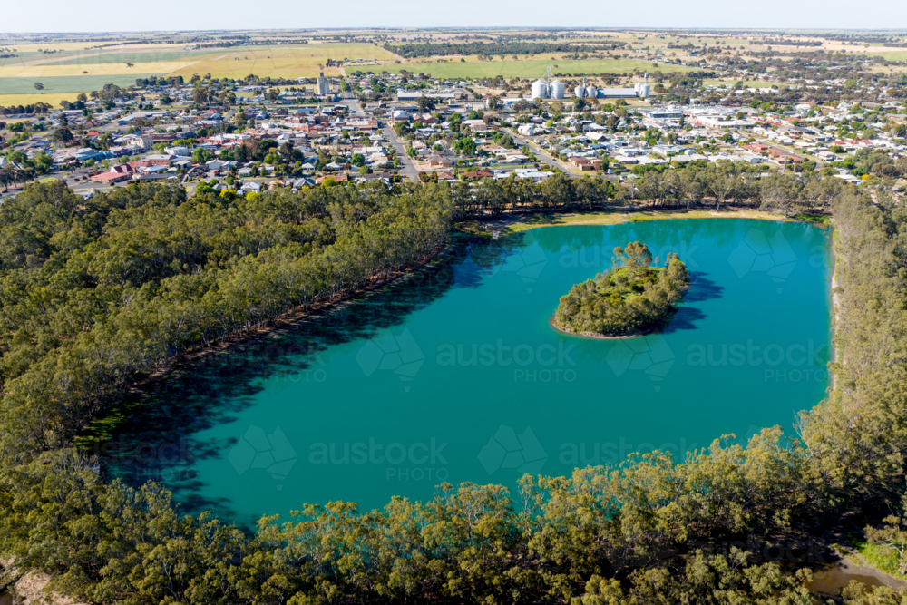 Aerial view of the Nhill Lake and surrounding swamp in Nhill, Victoria. - Australian Stock Image