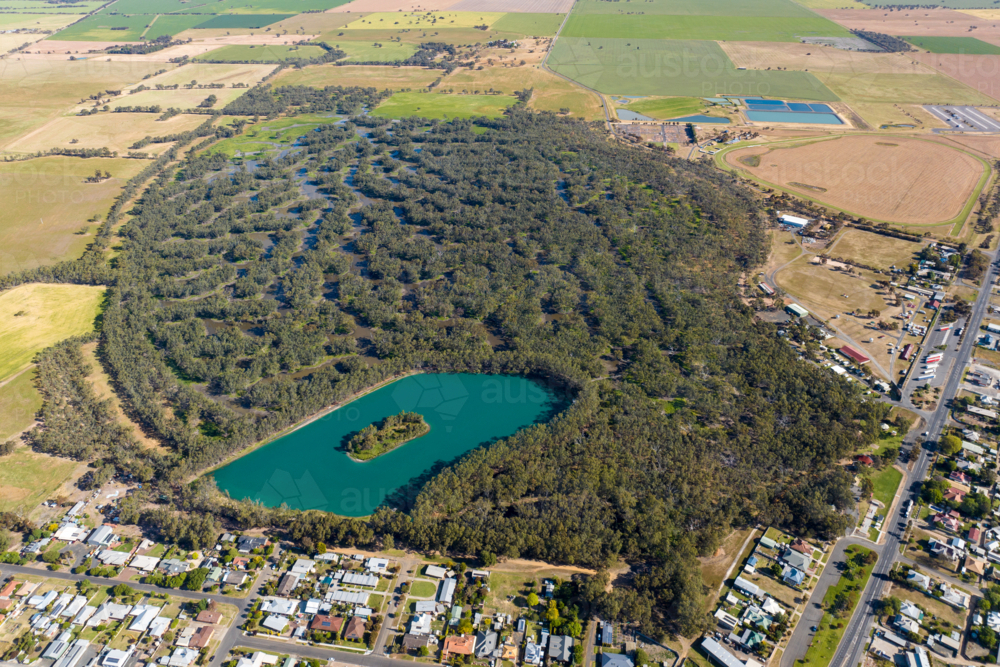 Aerial view of the Nhill Lake and surrounding swamp in Nhill, Victoria. - Australian Stock Image