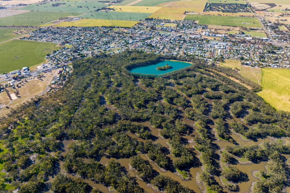 Aerial view of the Nhill Lake and surrounding swamp in Nhill, Victoria. - Australian Stock Image