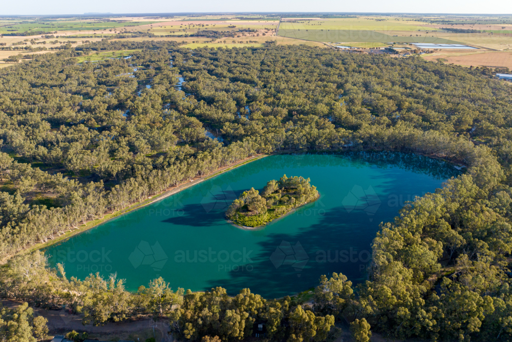 Aerial view of the Nhill Lake and surrounding swamp in Nhill, Victoria - Australian Stock Image