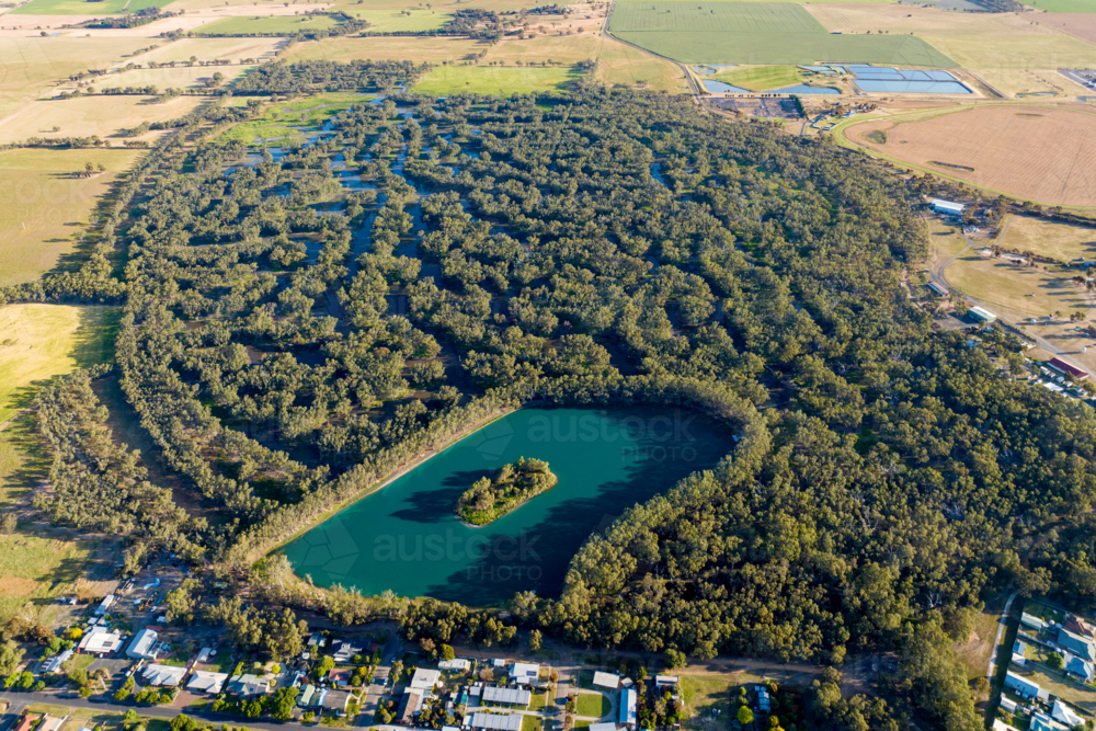 Aerial view of the Nhill Lake and surrounding swamp in Nhill, Victoria. - Australian Stock Image