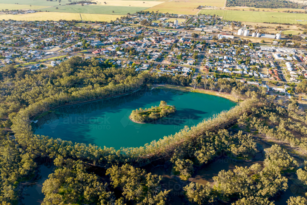 Aerial view of the Nhill Lake and surrounding swamp in Nhill, Victoria. - Australian Stock Image