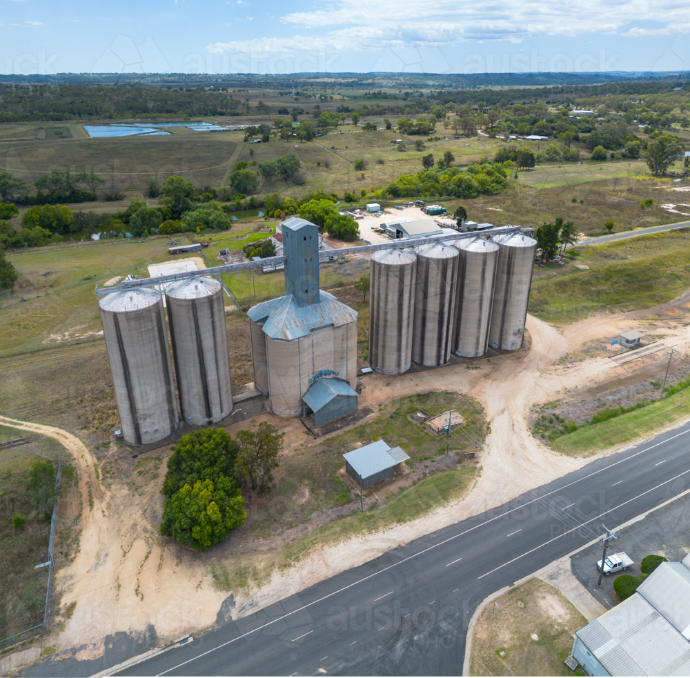 Aerial view of The old Silos in Inverell, New South Wales, Australia - Australian Stock Image