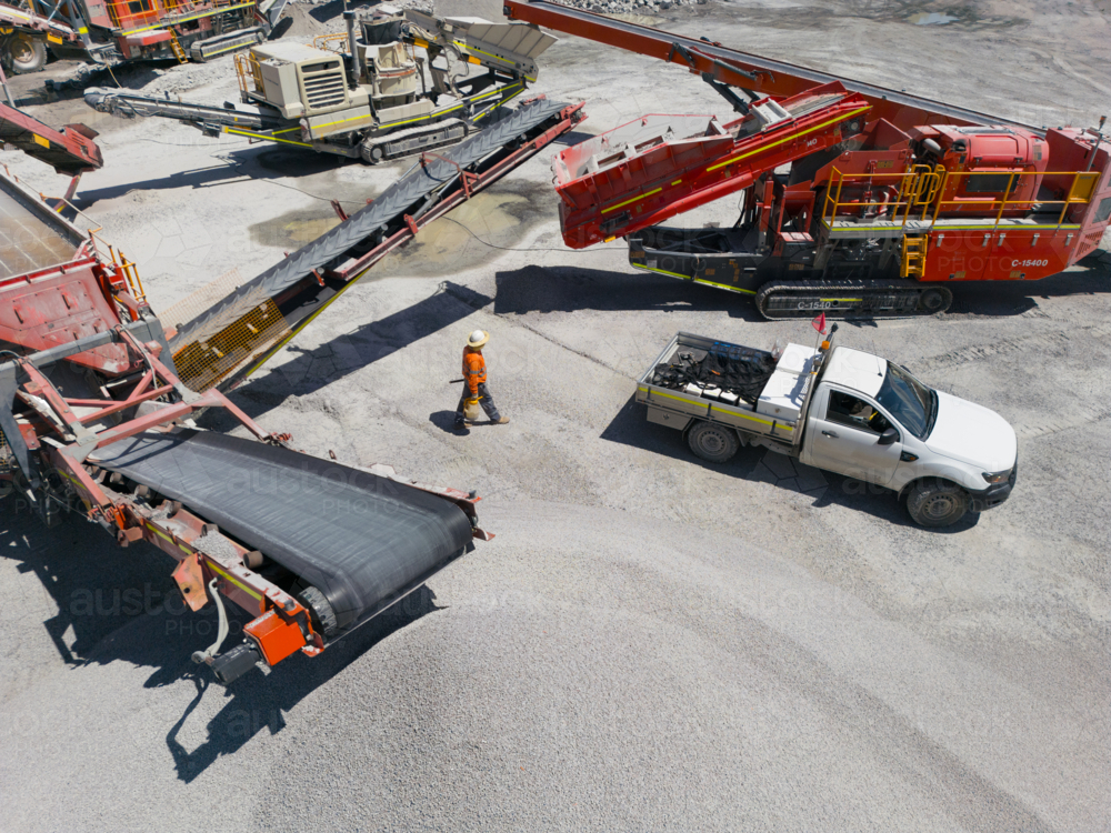 Aerial view of the quarry showing the conveyor belt and crusher. - Australian Stock Image