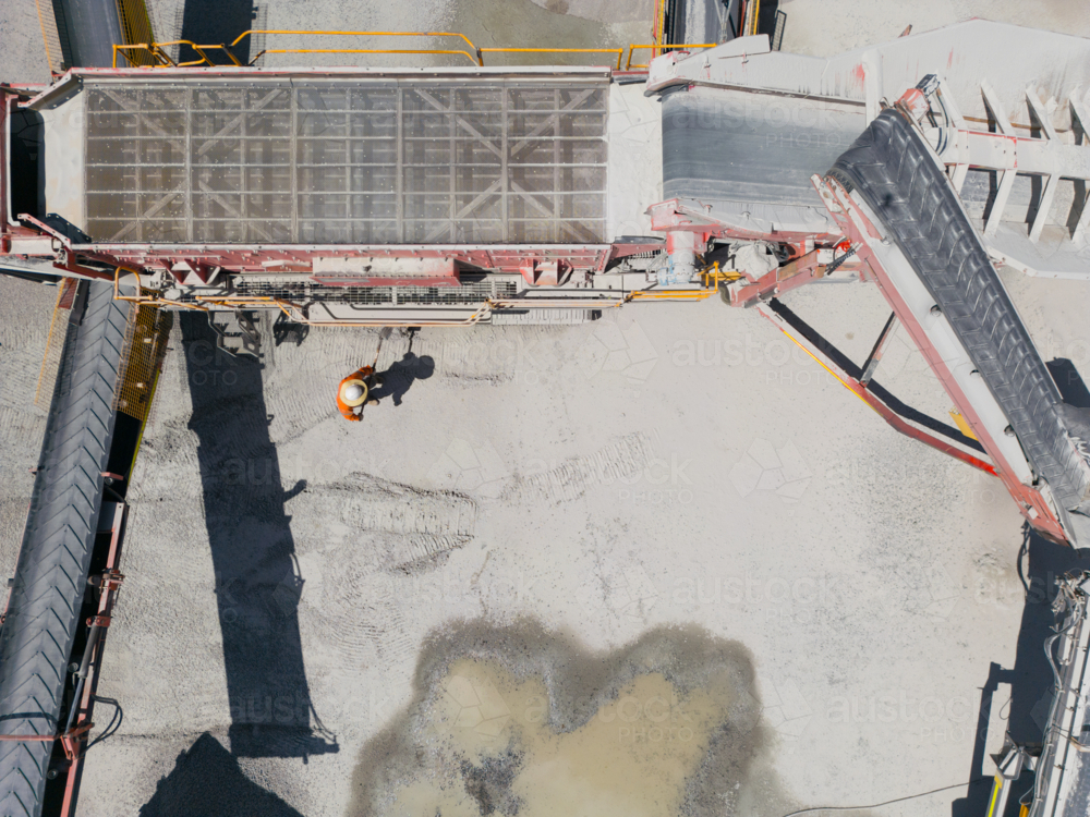 Aerial view of the quarry showing the conveyor belt and crusher. - Australian Stock Image