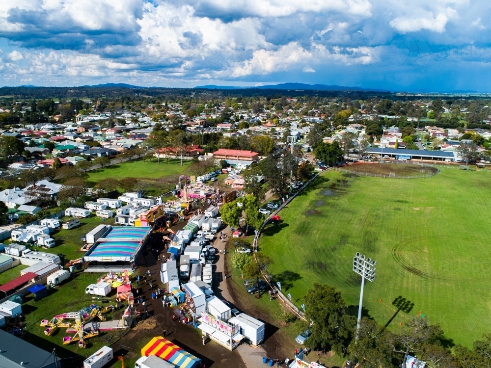 Aerial view of the showring at agricultural show fairground in country town of Singleton - Australian Stock Image