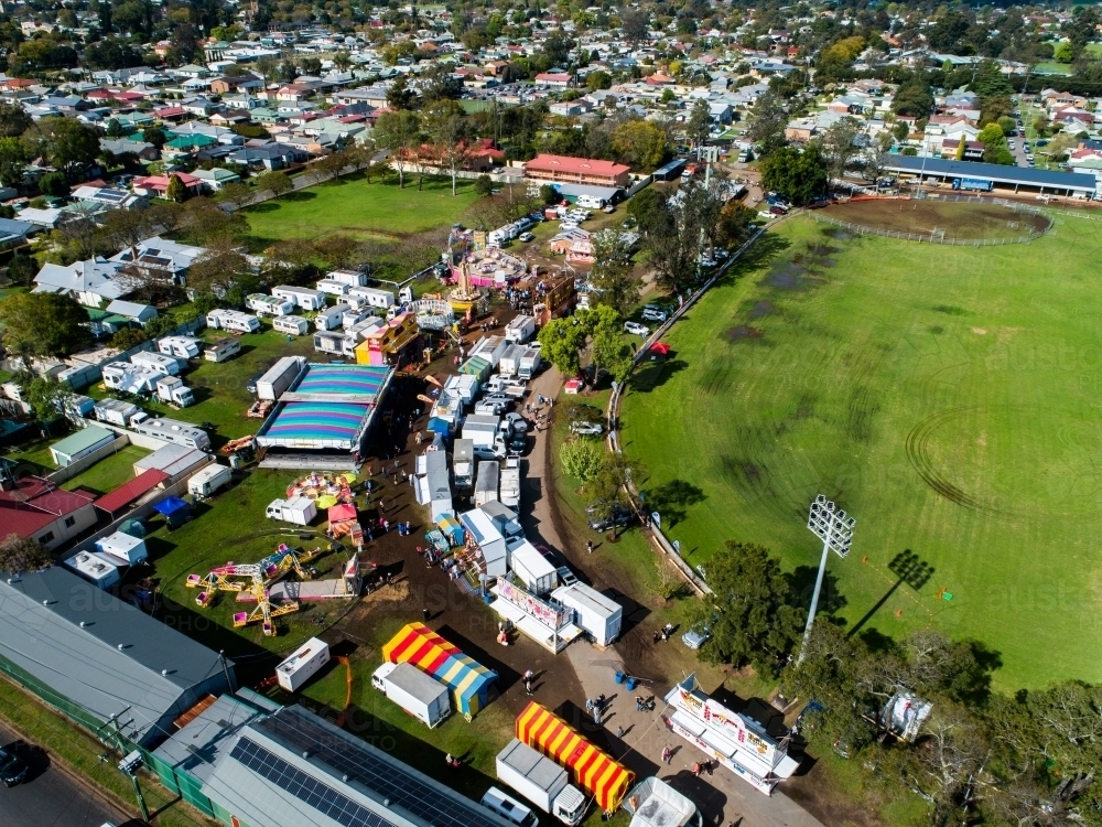 Aerial view of the showring at agricultural show fairground in country town of Singleton - Australian Stock Image