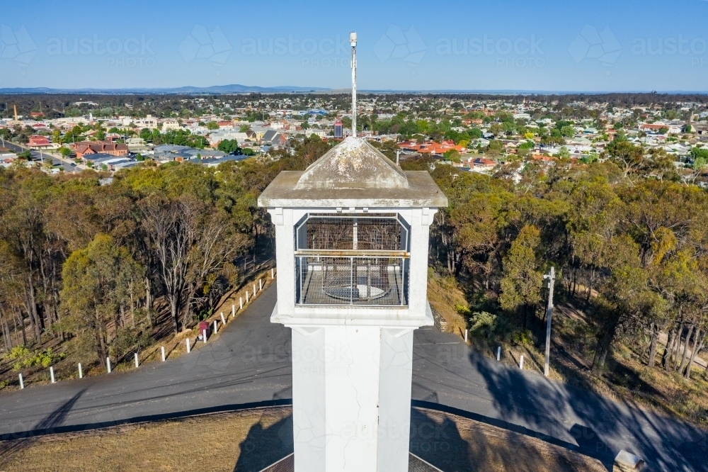 Aerial view of the top of a lookout tower on a hill top. - Australian Stock Image
