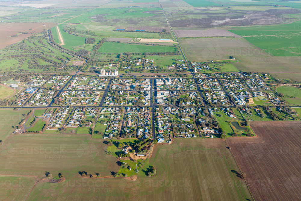 Aerial view of the township of Rainbow surrounded by farmland. - Australian Stock Image