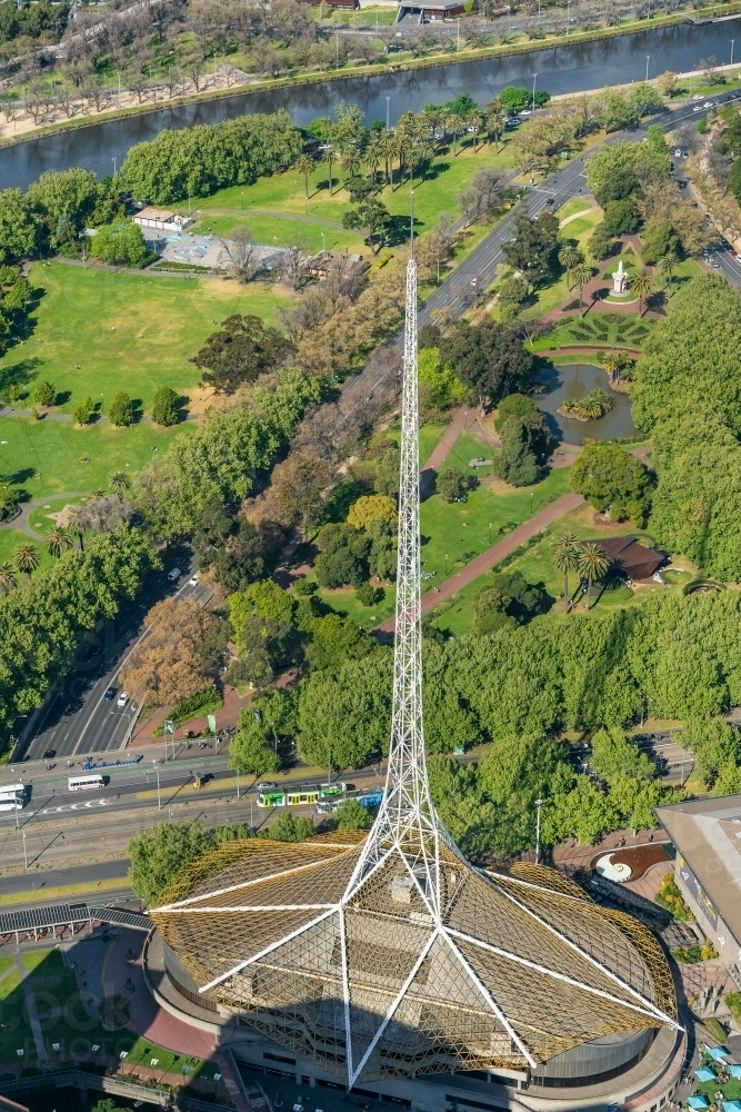 Aerial view of the Victorian Arts centre Spire, Yarra River and Royal Botanic Gardens - Australian Stock Image