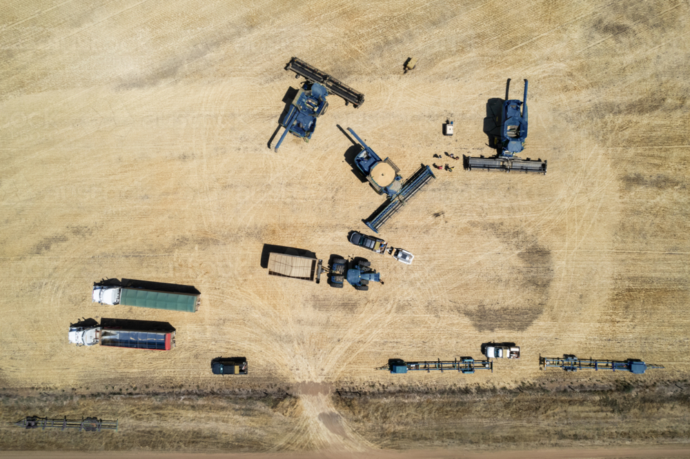 Aerial view of transport trucks and combine harvester on the field. - Australian Stock Image