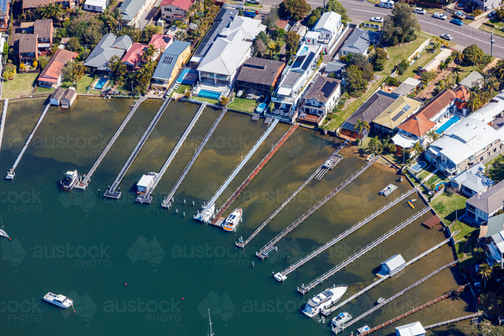 Aerial view of waterfront homes Booker Bay - Australian Stock Image