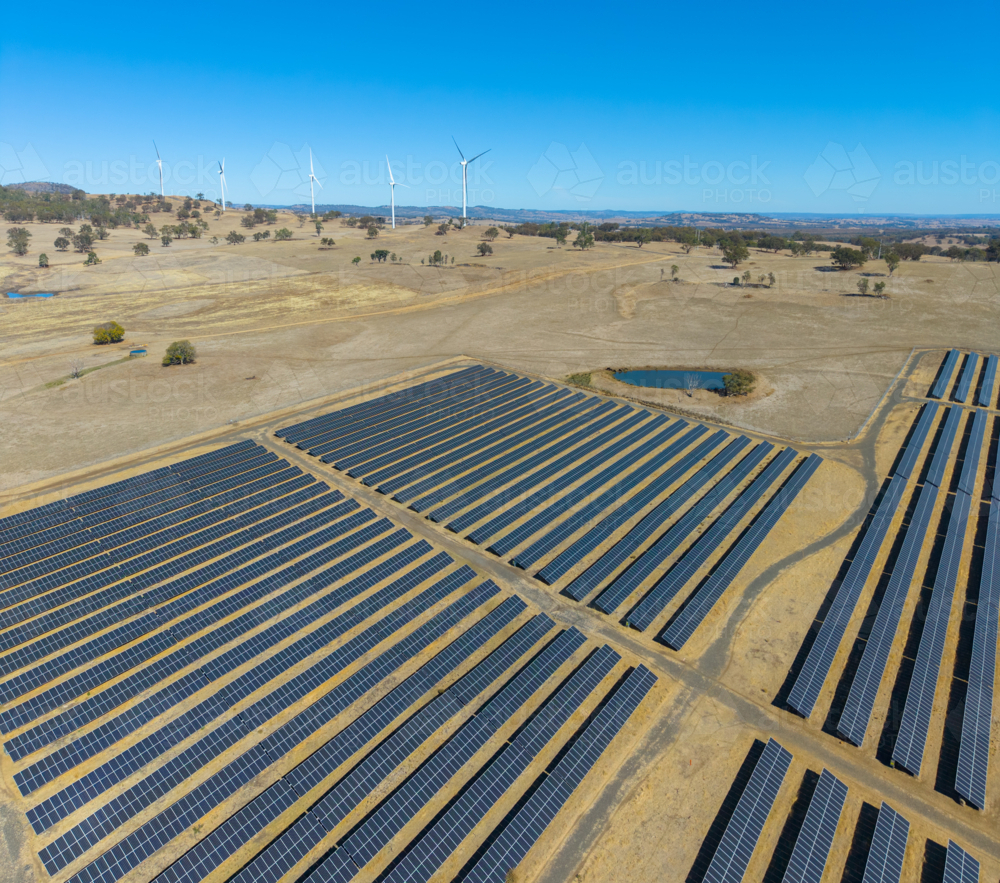Aerial view of Wind and Solar Farm - Australian Stock Image
