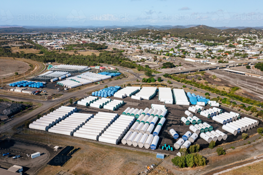 Aerial view of wind turbine blades and parts stored at Gladstone Port - Australian Stock Image