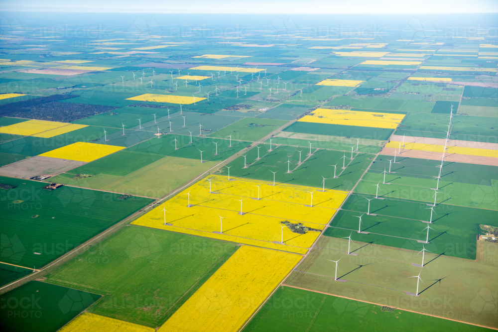 Aerial view of wind turbines and patchwork farmland - Australian Stock Image