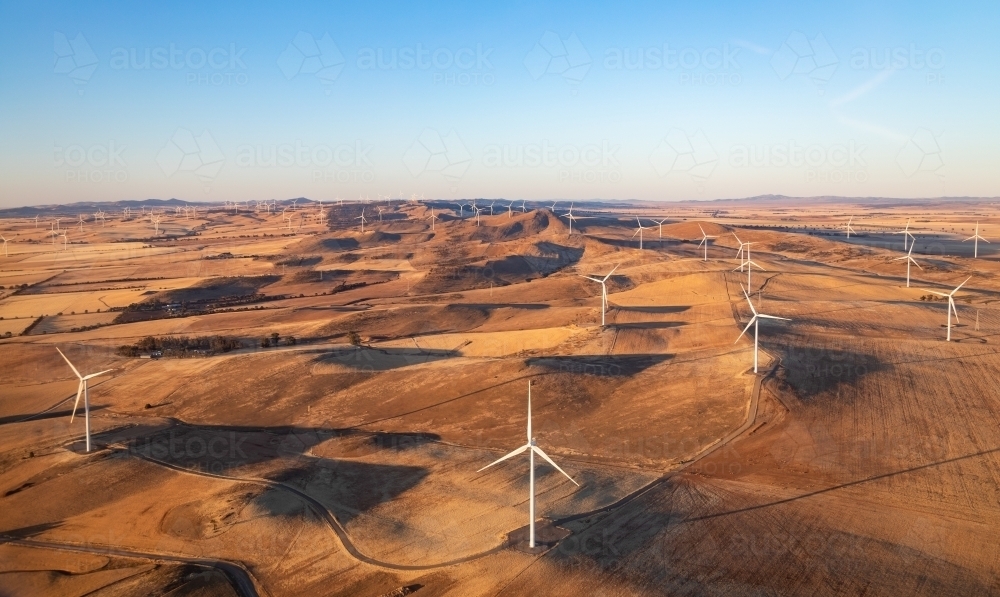 aerial view of wind turbines in summer - Australian Stock Image