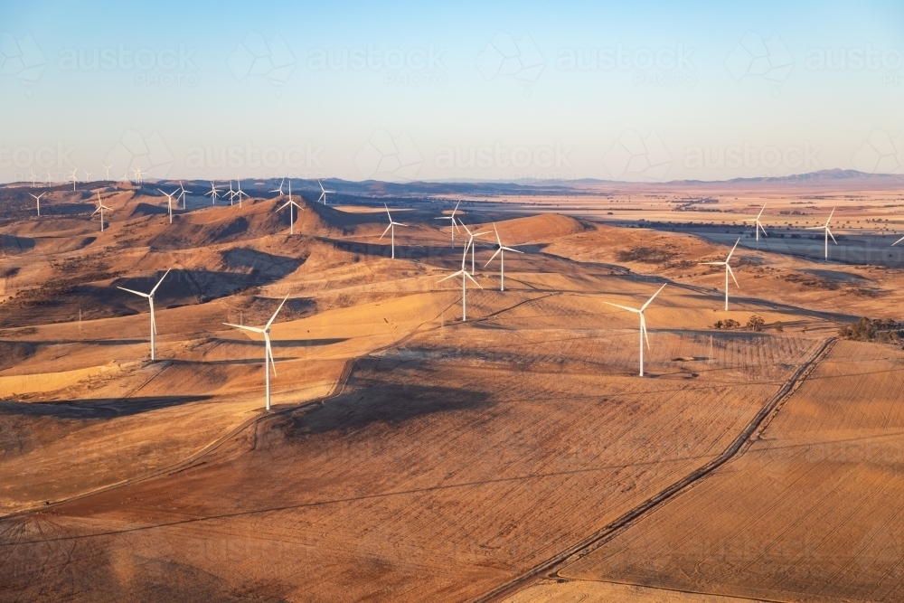 aerial view of windfarm in summer landscape - Australian Stock Image