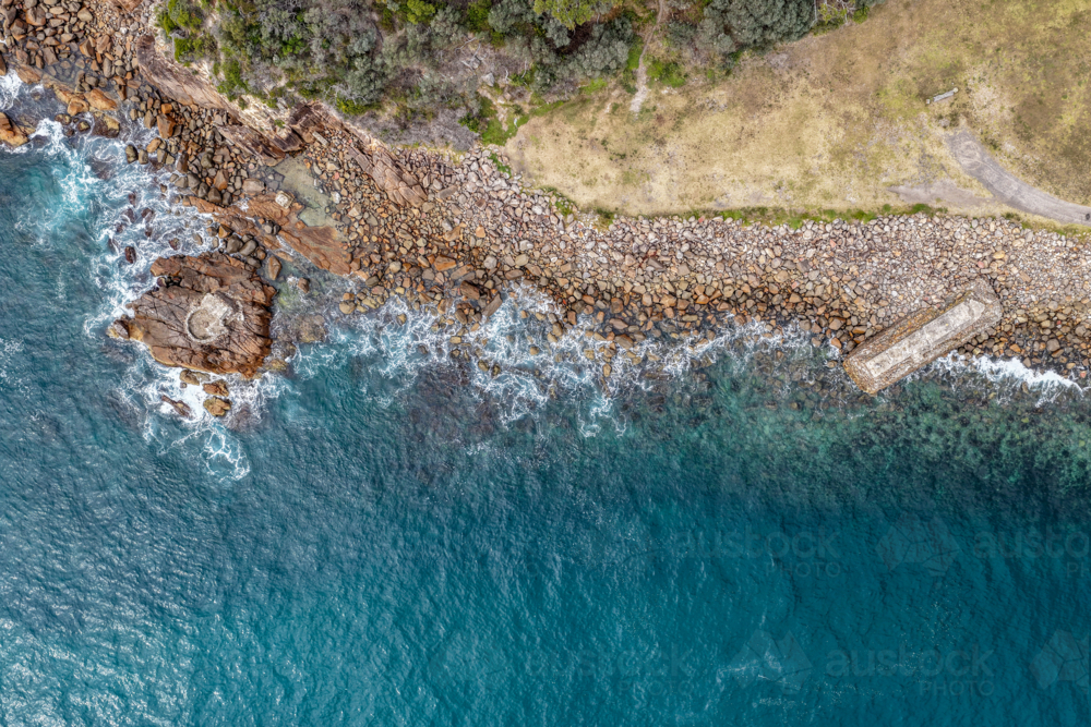 Aerial view of World War II torpedo and gun emplacement at Tomaree Head in NSW, Australia - Australian Stock Image