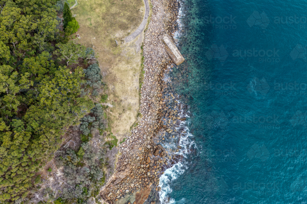 Aerial view of World War II torpedo emplacement at Tomaree Head in New South Wales, Australia - Australian Stock Image