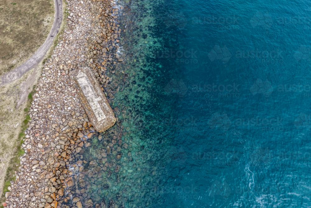 Aerial view of World War II torpedo emplacement at Tomaree Head in New South Wales, Australia - Australian Stock Image
