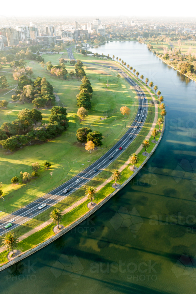 Aerial view over Albert Park Lake and surrounding parklands in Melbourne. - Australian Stock Image
