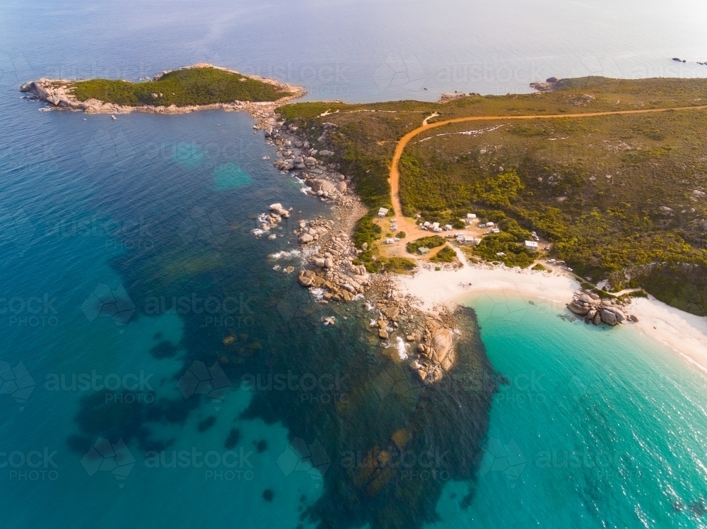 aerial view over Bettys Beach and campground on the south coast of Western Australia - Australian Stock Image