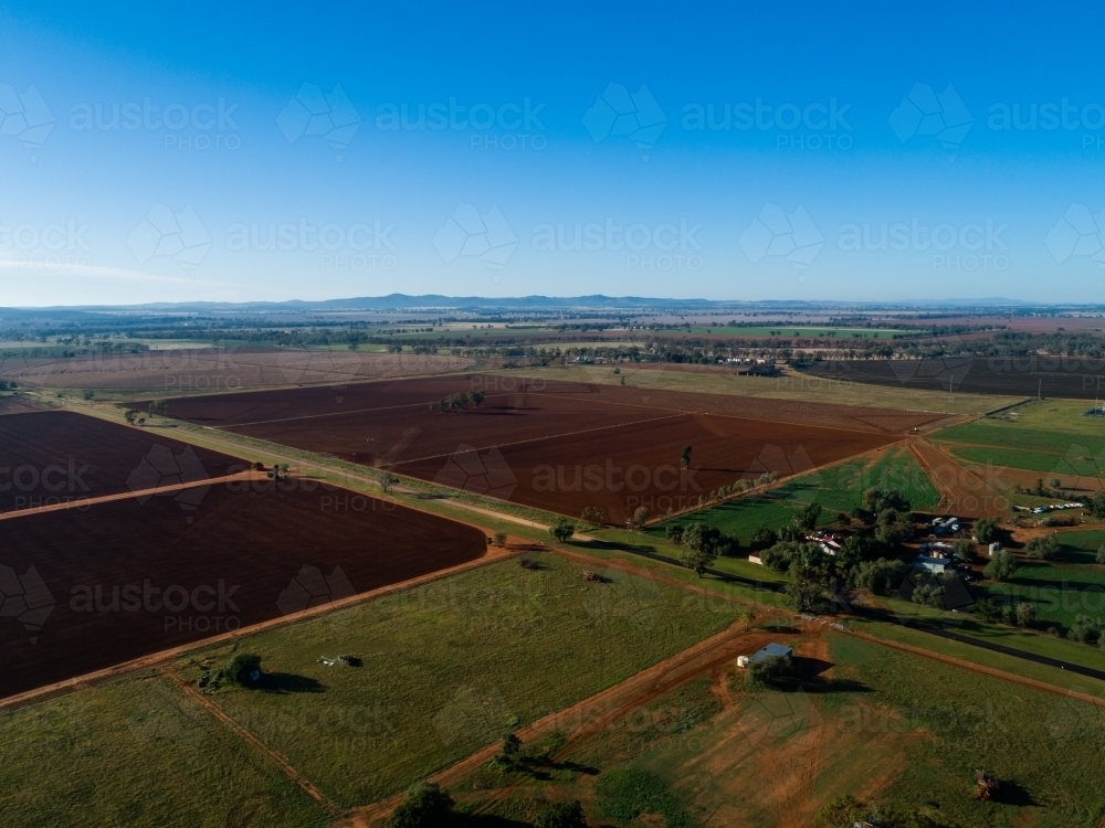 Aerial view over countryside of tilled farmland in Narromine - Australian Stock Image