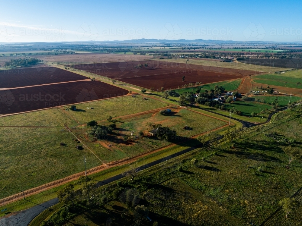 Aerial view over countryside of tilled farmland in Narromine - Australian Stock Image