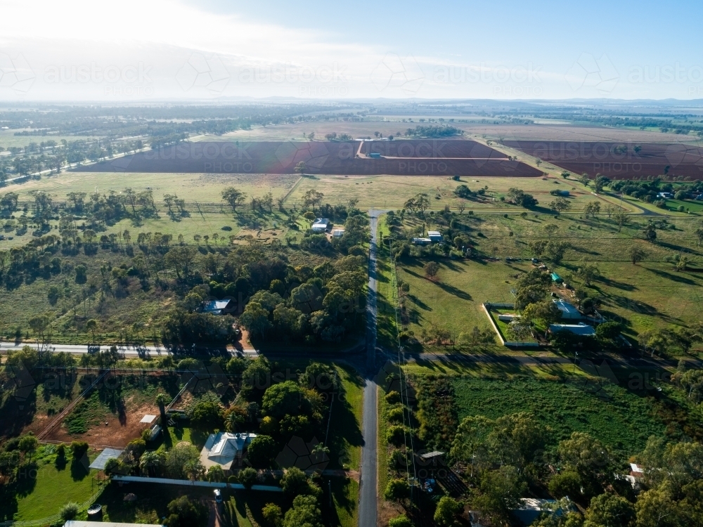Aerial view over countryside of tilled farmland in Narromine - Australian Stock Image