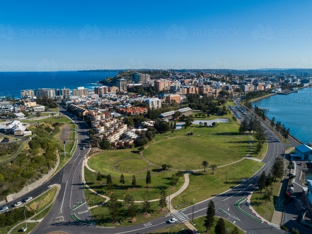 Aerial view over Foreshore Park looking towards Newcastle East - Australian Stock Image