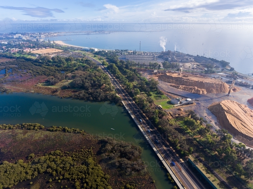 aerial view over Koombana Bay, Inner Harbour and mangroves in inlet in Bunbury - Australian Stock Image