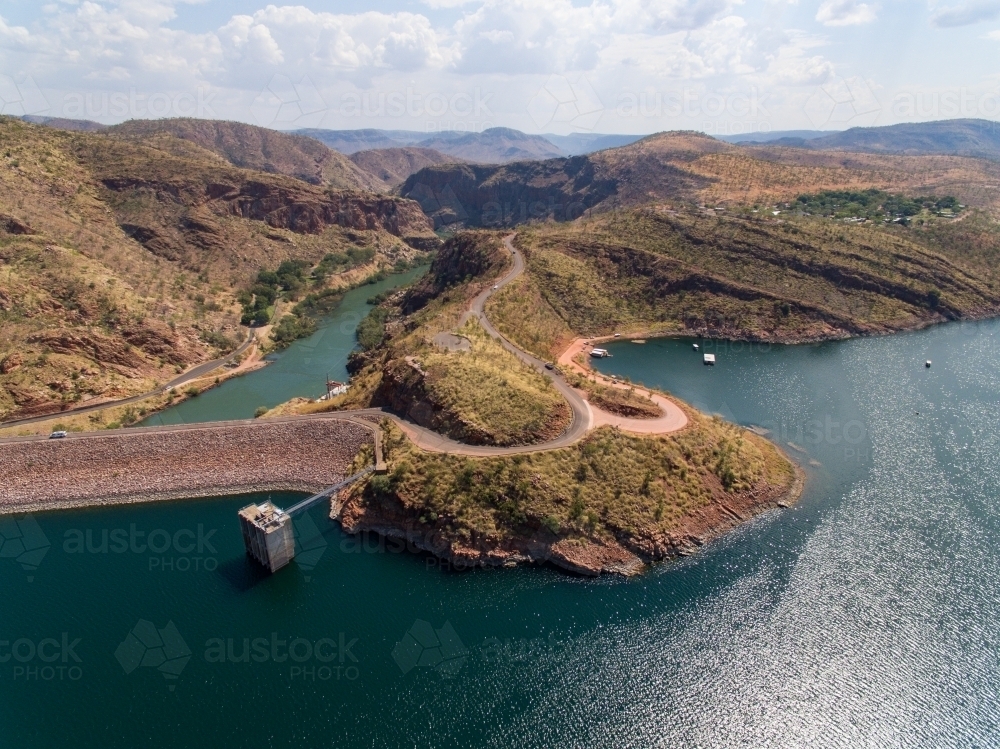 Aerial view over Lake Argyle showing the dam wall - Australian Stock Image