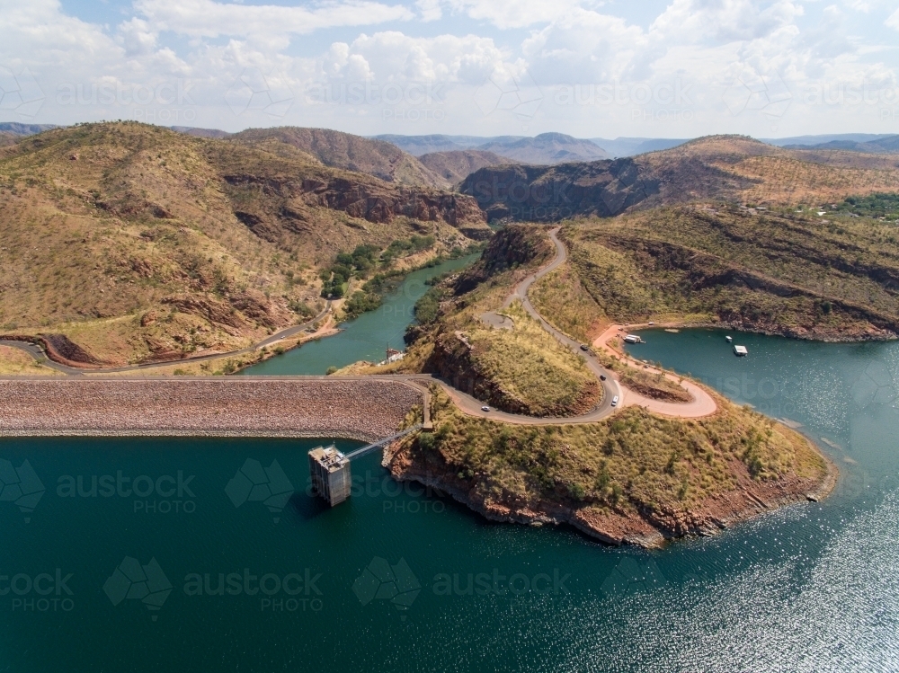 Aerial view over Lake Argyle showing the dam wall - Australian Stock Image