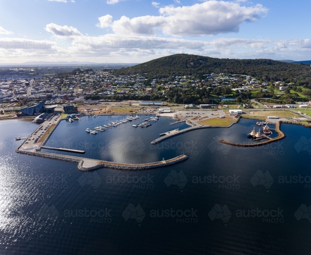 aerial view over marina towards Mount Clarence and Albany town - Australian Stock Image