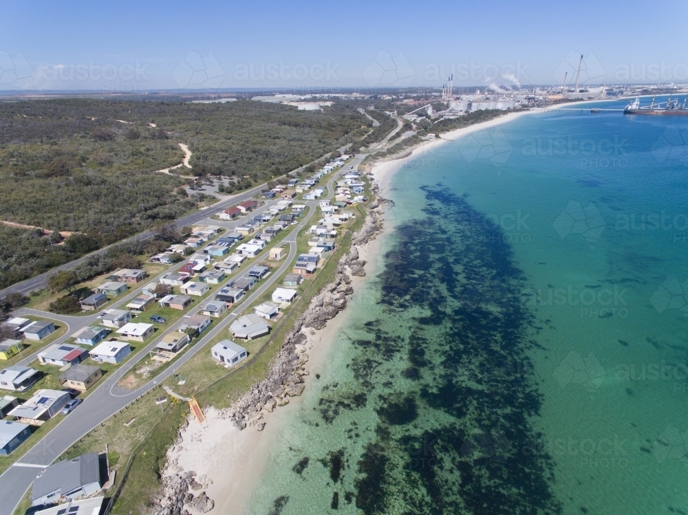 Aerial view over Naval Base shacks and challenger beach - Australian Stock Image