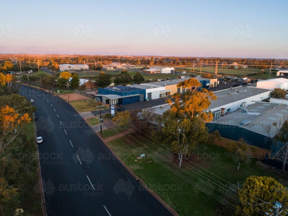aerial view over sheds in industrial area in inland Australian city of Dubbo - Australian Stock Image