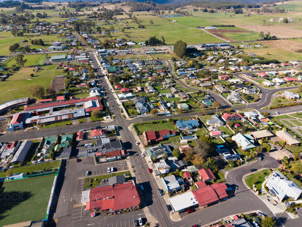 Aerial view over the regional town of Sheffield in Tasmania - Australian Stock Image