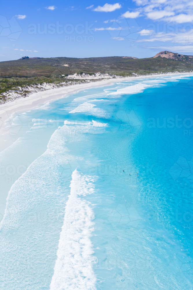 Aerial view over the stunning blue ocean and white sandy beach of Lucky Bay Esperance - Australian Stock Image