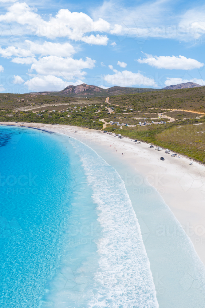 Aerial view over the stunning blue ocean and white sandy beach of Lucky Bay Esperance - Australian Stock Image
